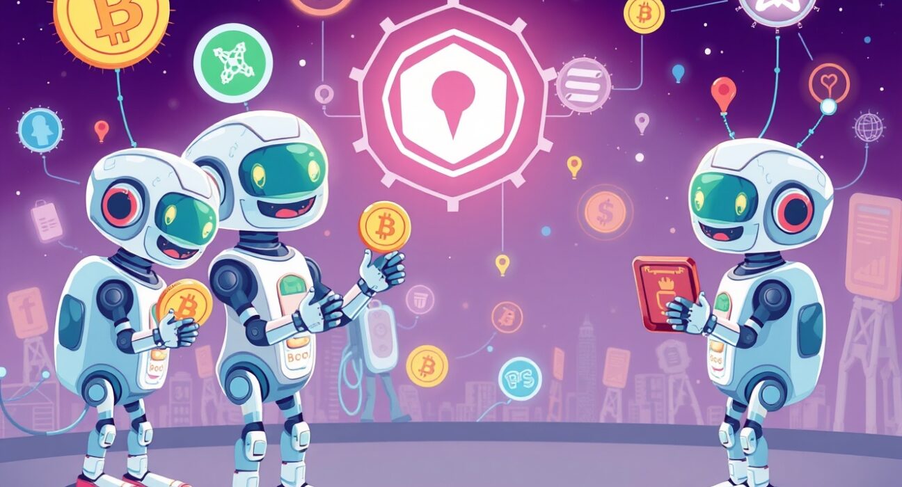 Cartoon robots facilitating secure DeFi AI infrastructure transactions, illustrating Infinit's integration with Virtual Protocol.