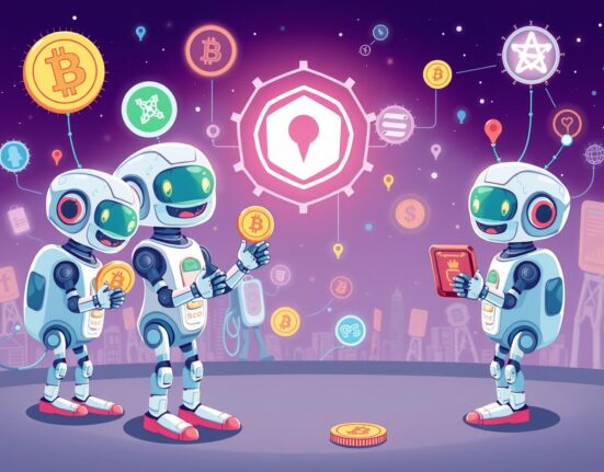 Cartoon robots facilitating secure DeFi AI infrastructure transactions, illustrating Infinit's integration with Virtual Protocol.