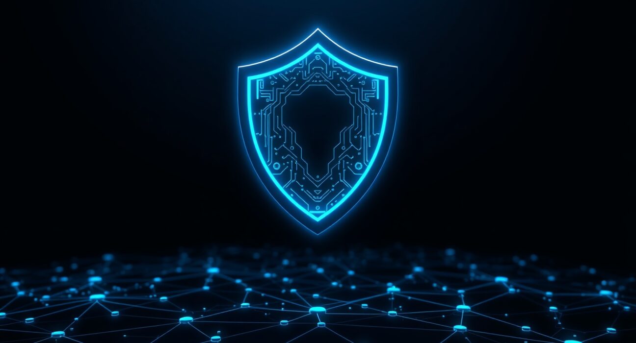 DeFi AI security shield protecting blockchain network from hacking threats, symbolizing proactive vulnerability detection