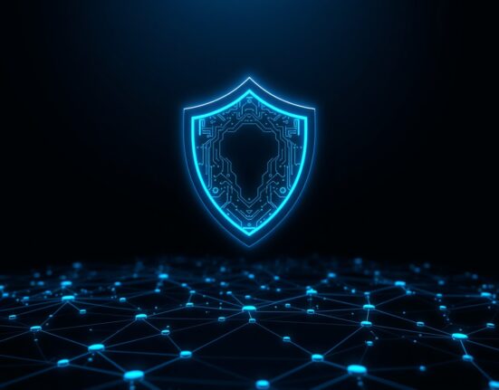 DeFi AI security shield protecting blockchain network from hacking threats, symbolizing proactive vulnerability detection