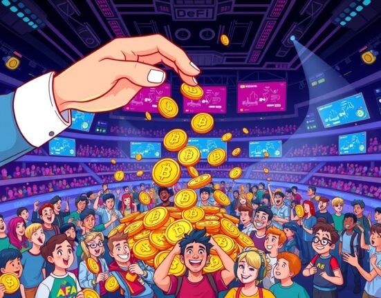 A cartoon hand dropping HOME tokens into a Degen Arena, symbolizing the exciting new DeFi airdrop for Season 2.