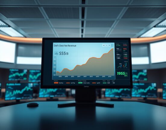 Digital dashboard showing DeFi fee revenue reaching $25 billion