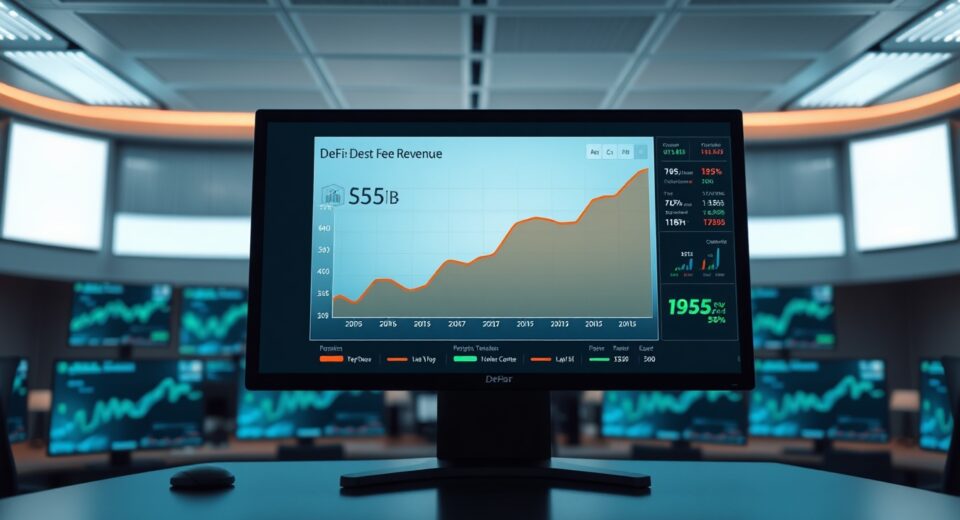 Digital dashboard showing DeFi fee revenue reaching $25 billion