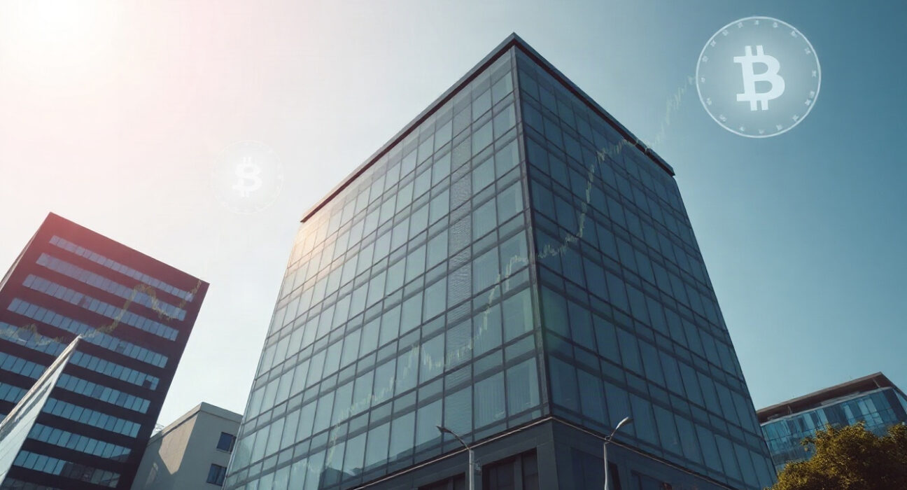 Corporate building with digital financial charts and Solana symbol overlay representing DeFi Development's investment strategy.