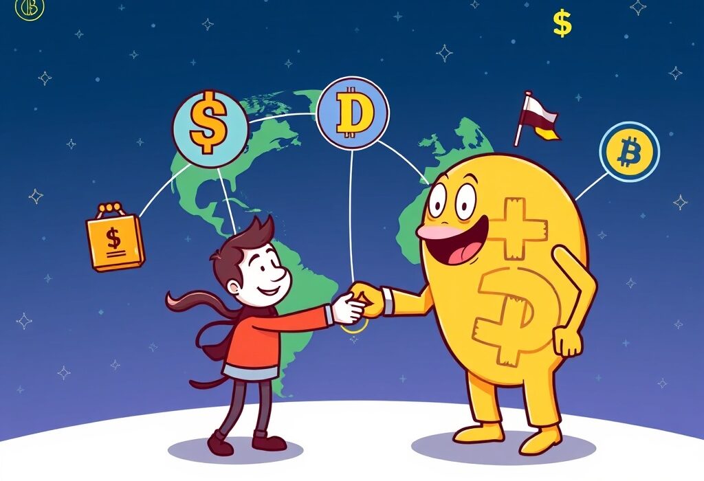 Cartoon illustration showing DeFi Development connecting to the Global Dollar Network, symbolizing expanded stablecoin accessibility.