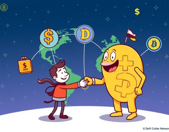 Cartoon illustration showing DeFi Development connecting to the Global Dollar Network, symbolizing expanded stablecoin accessibility.