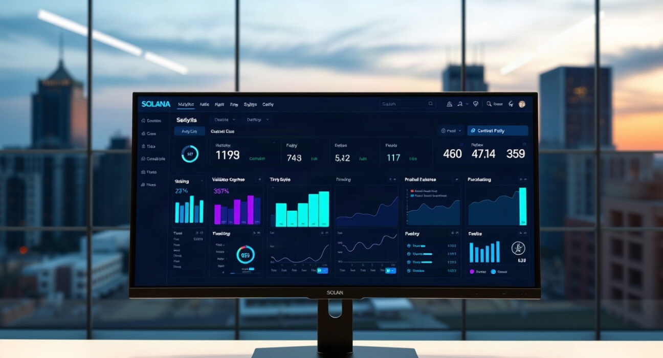 State of Solana dashboard on a monitor in a modern office, displaying staking and validator metrics.