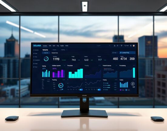 State of Solana dashboard on a monitor in a modern office, displaying staking and validator metrics.
