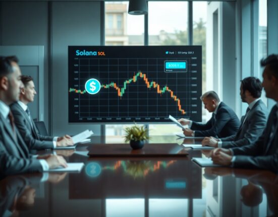 DeFi Development Q2 loss report with Solana treasury chart in office