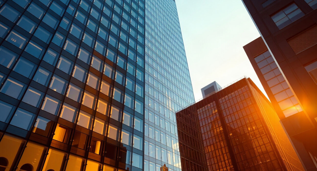 Modern glass office building representing Nasdaq-listed DeFi Development's financial strength