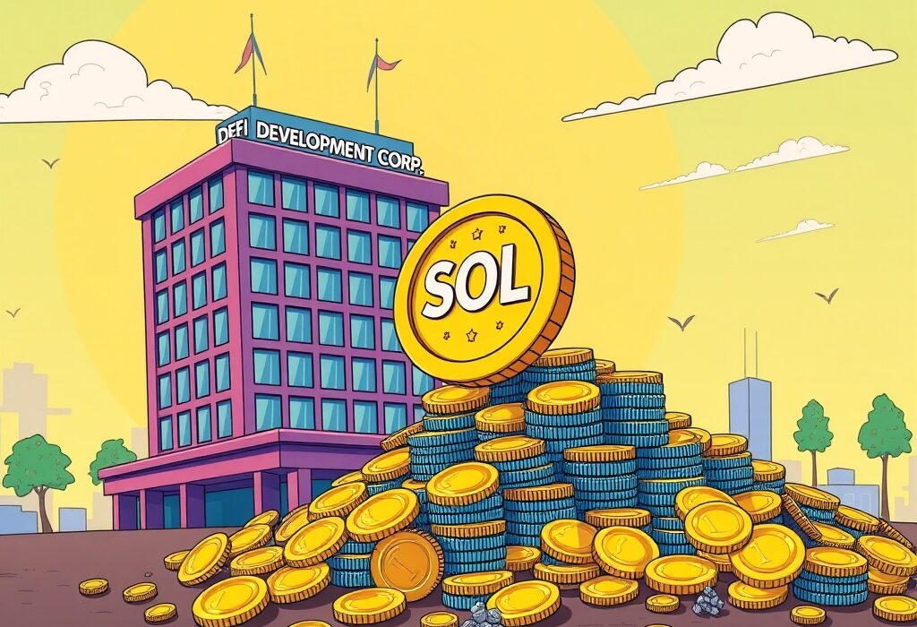 Cartoon illustration showing DeFi Development's strategic SOL acquisition, symbolizing growth and secure cryptocurrency investment.