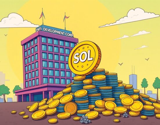A cartoon illustration showing DeFi Development's significant SOL acquisition, symbolizing growth and strategic investment in Solana.