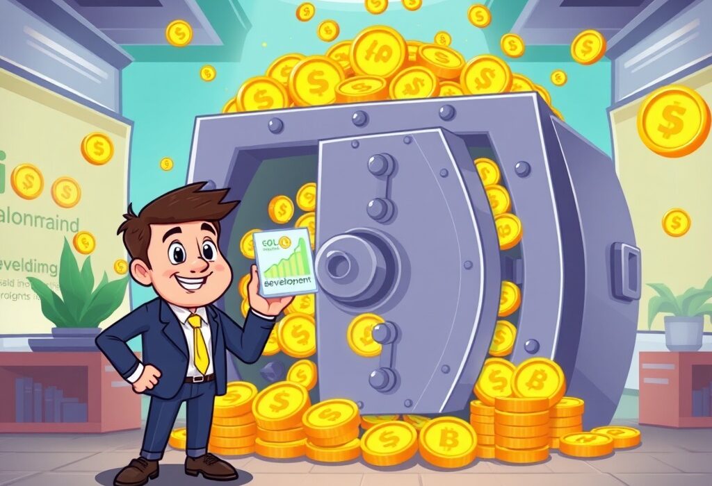 A cartoon illustration showing DeFi Development's substantial Solana (SOL) holdings in a secure digital vault, symbolizing significant crypto treasury growth.