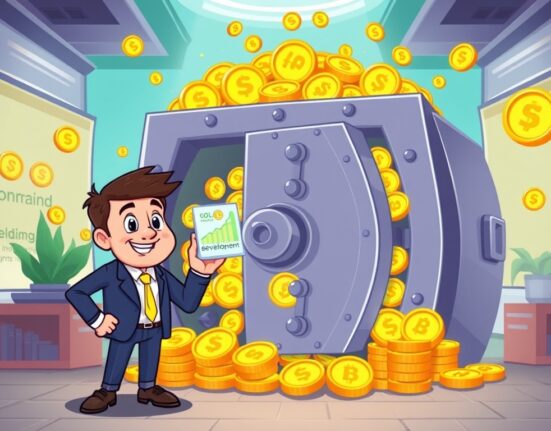 A cartoon illustration showing DeFi Development's substantial Solana (SOL) holdings in a secure digital vault, symbolizing significant crypto treasury growth.