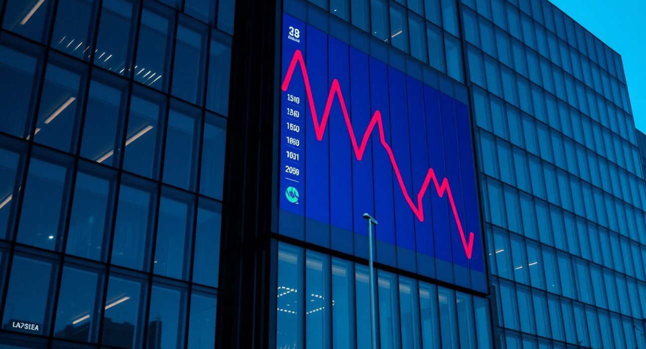 Modern office building with a digital display showing a declining financial chart at dusk