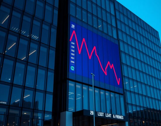 Modern office building with a digital display showing a declining financial chart at dusk