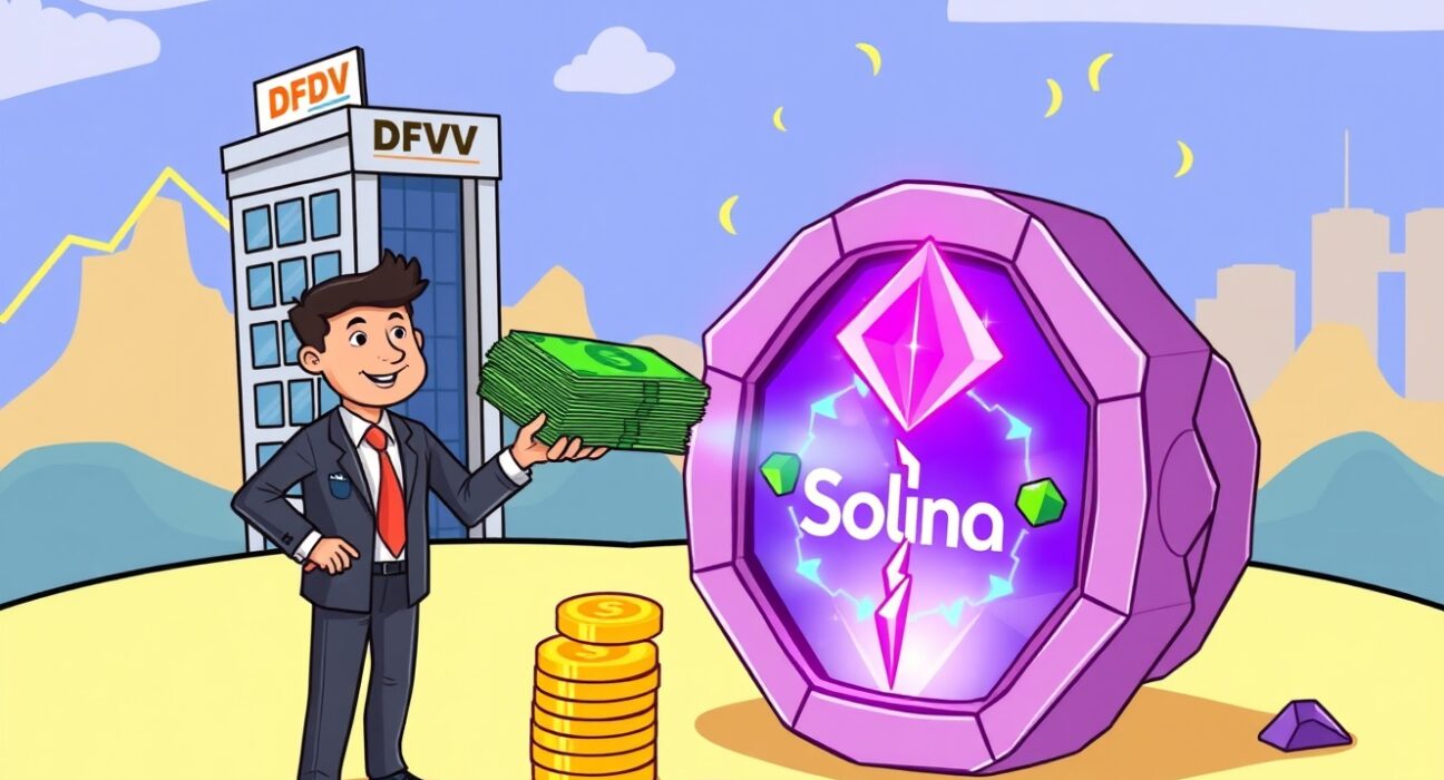 A cartoon illustration showing DeFi Development strategically investing in SOL, highlighting the company's significant DeFi Development SOL accumulation.