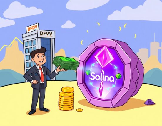 A cartoon illustration showing DeFi Development strategically investing in SOL, highlighting the company's significant DeFi Development SOL accumulation.