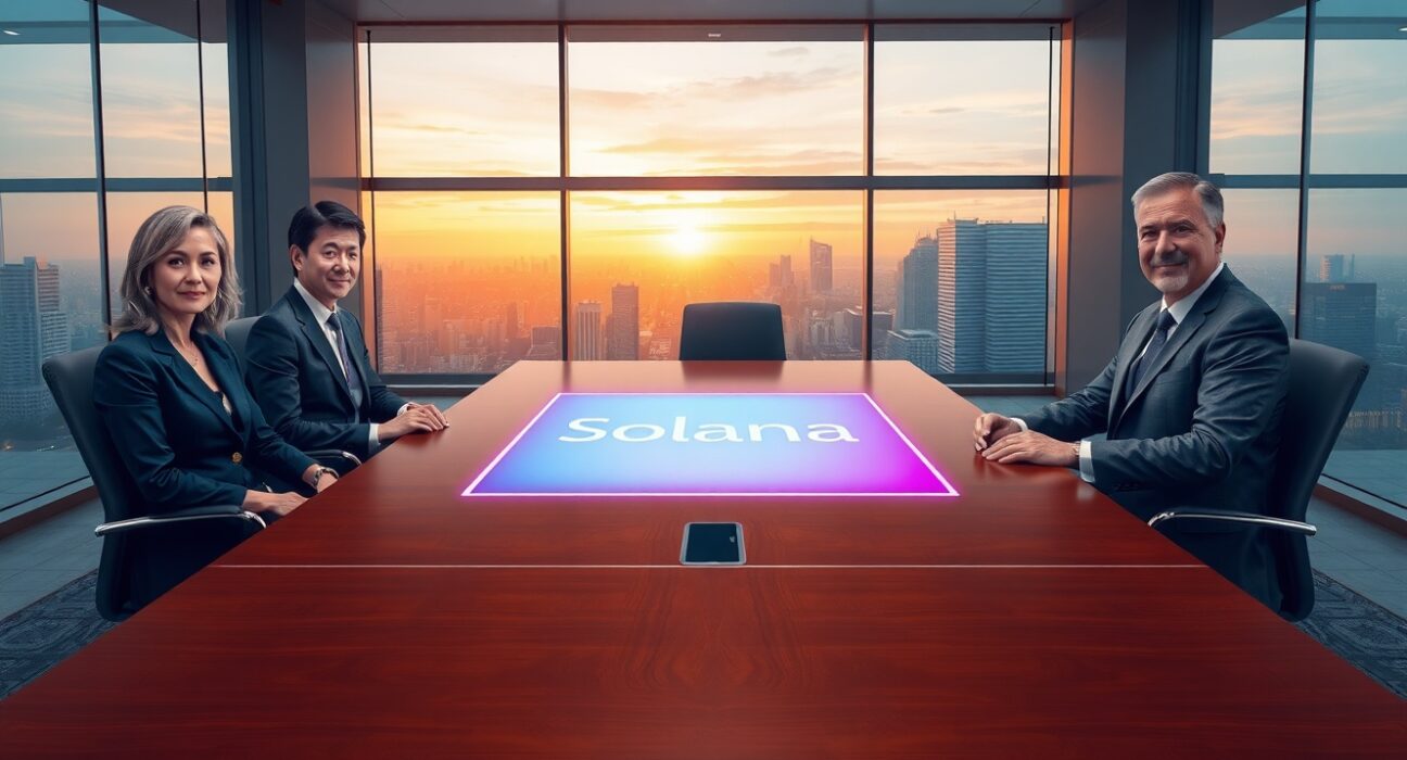 DeFi Development executives discuss a $200M ATM stock offering for strategic SOL purchases in a modern boardroom.