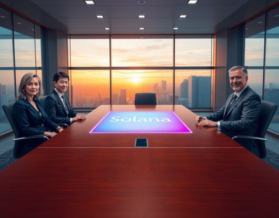 DeFi Development executives discuss a $200M ATM stock offering for strategic SOL purchases in a modern boardroom.