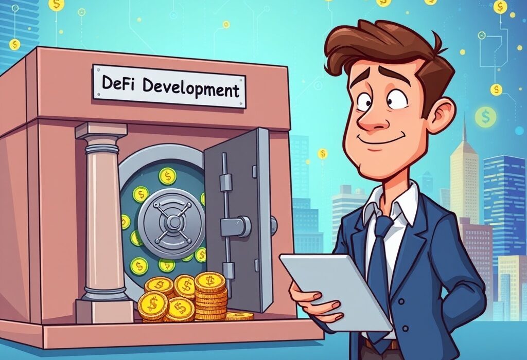 A cartoon illustration symbolizing DeFi Development's strategic Solana acquisition, showing growth and institutional investment in digital assets.
