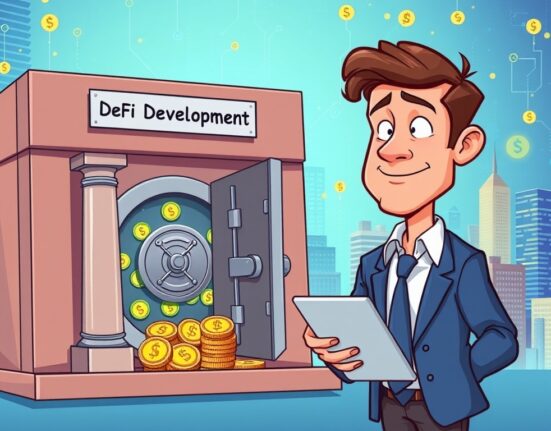 A cartoon illustration symbolizing DeFi Development's strategic Solana acquisition, showing growth and institutional investment in digital assets.