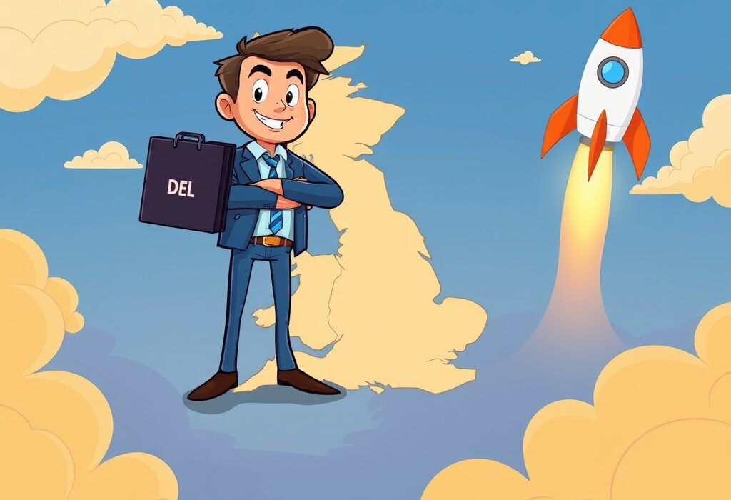 Cartoon showing DeFi Development UK's strategic expansion, symbolizing its innovative entry into new markets and growth.