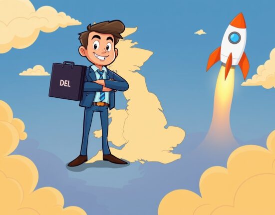 Cartoon showing DeFi Development UK's strategic expansion, symbolizing its innovative entry into new markets and growth.