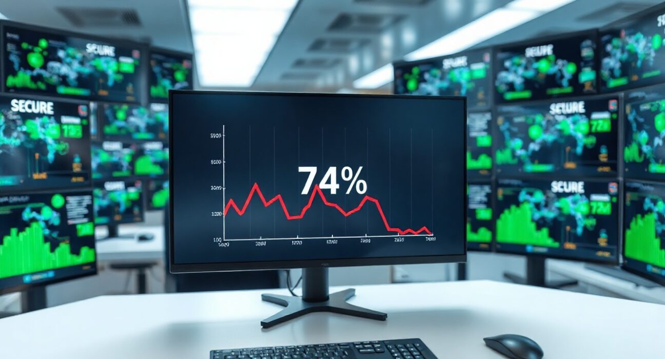 Digital security dashboard showing DeFi exploit losses down 74% in 2025