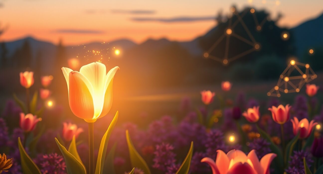 DeFi platform Flying Tulip's funding announcement visualized as a magical digital ecosystem