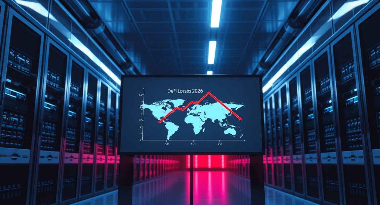 Data center with digital screen showing declining DeFi losses graph for 2026