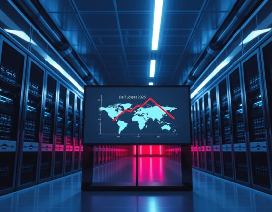 Data center with digital screen showing declining DeFi losses graph for 2026