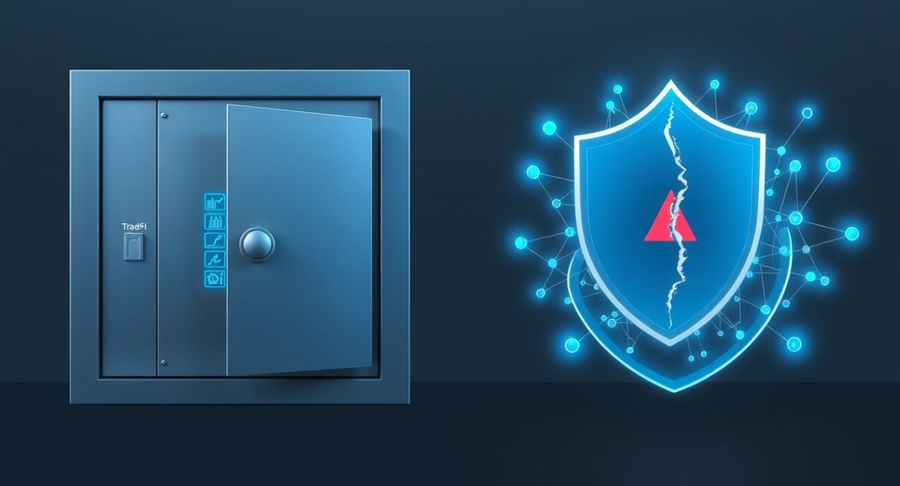 DeFi hacking loss rate comparison showing a cracked digital shield over a blockchain network versus a secure traditional bank vault, illustrating security vulnerabilities.