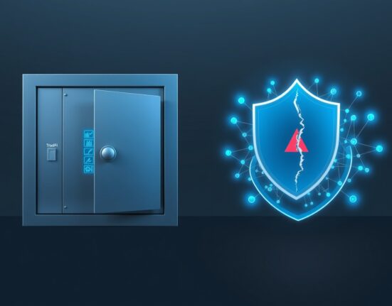 DeFi hacking loss rate comparison showing a cracked digital shield over a blockchain network versus a secure traditional bank vault, illustrating security vulnerabilities.