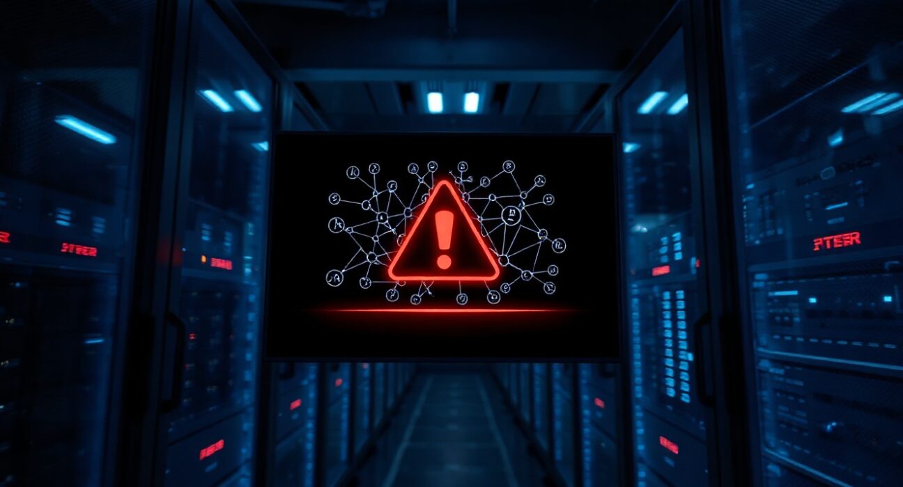 Holographic blockchain network display with red warning alert in a dark server room