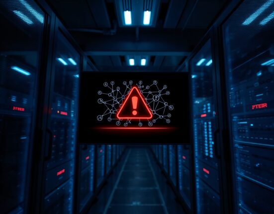 Holographic blockchain network display with red warning alert in a dark server room