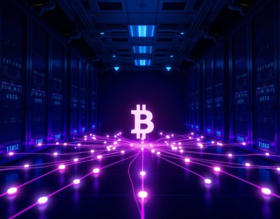 Digital illustration of a blockchain network node with glowing connections, symbolizing DFK Chain shutdown and asset migration.