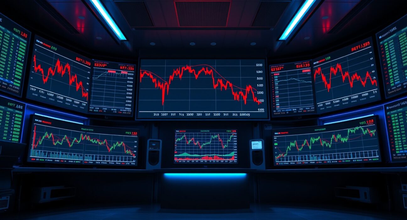 Financial data center screens showing declining DeFi and L1 charts alongside rising RWA and prediction market graphs