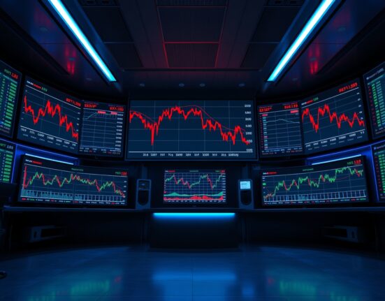 Financial data center screens showing declining DeFi and L1 charts alongside rising RWA and prediction market graphs