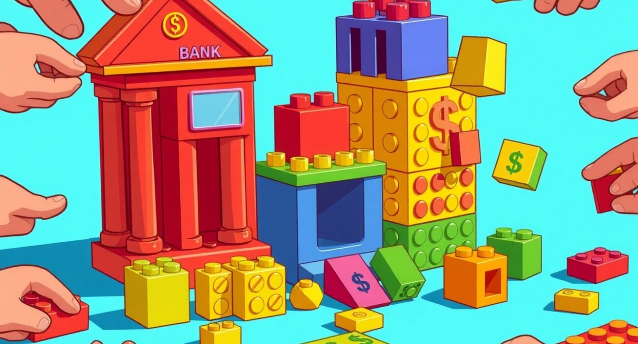 DeFi Lego blocks forming customizable financial structures in vibrant cartoon style