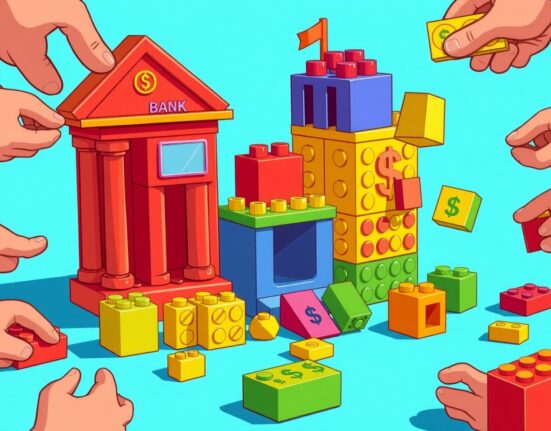DeFi Lego blocks forming customizable financial structures in vibrant cartoon style