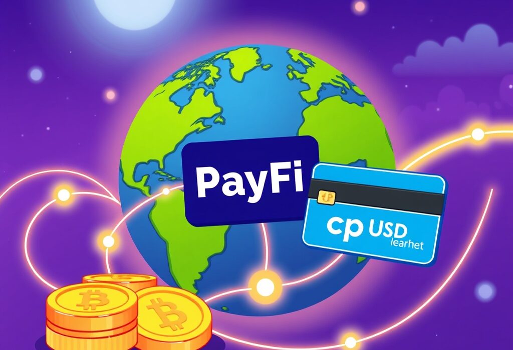 A vibrant cartoon illustration depicting DeFi lending facilitating global fintech payment financing.