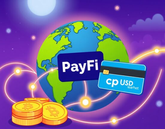 A vibrant cartoon illustration depicting DeFi lending facilitating global fintech payment financing.