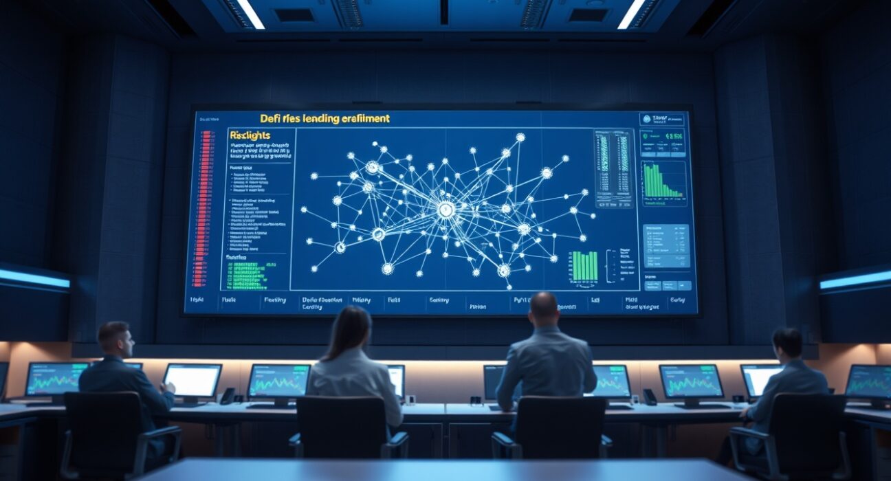 Digital display showing DeFi lending network and risk metrics in a modern control room