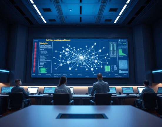 Digital display showing DeFi lending network and risk metrics in a modern control room