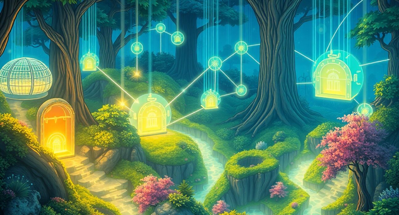 DeFi lending protocols growth visualized as interconnected financial streams in a blockchain ecosystem