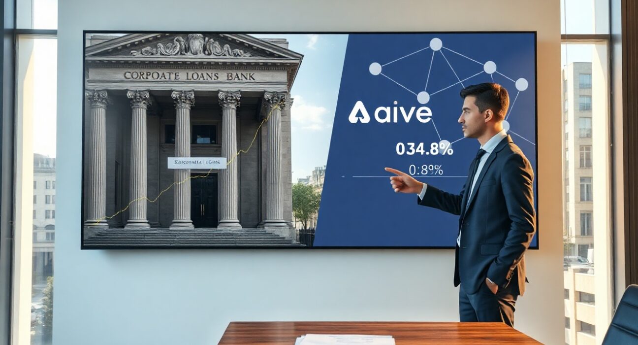 Analyst pointing at screen comparing DeFi lending to traditional corporate loans