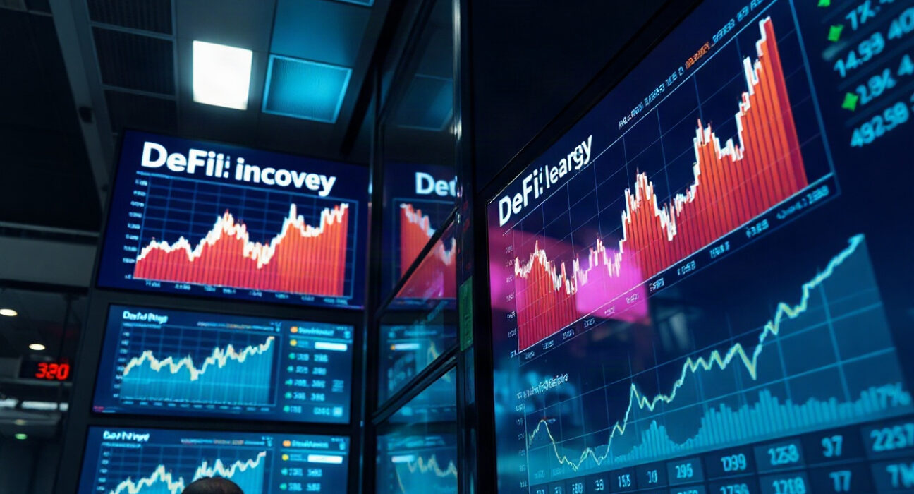 DeFi lending market growth chart on digital displays in a modern trading floor
