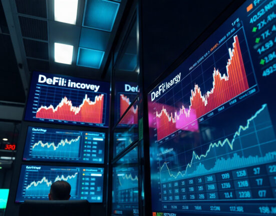 DeFi lending market growth chart on digital displays in a modern trading floor