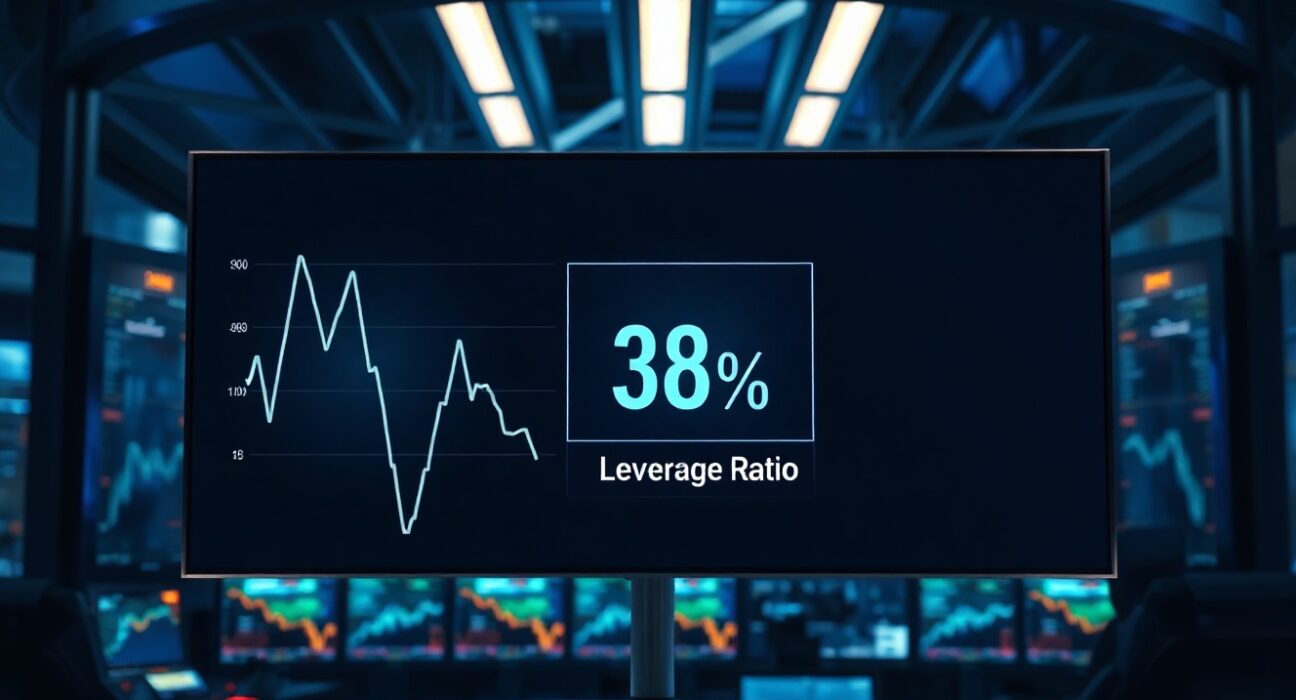 Financial dashboard showing DeFi leverage ratio at 38% with downward TVL trend
